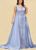 Brittany Sheath/Column V-neck Sweep Train Satin Lace Prom Dresses With Beading Sequins UKP0017590