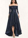 Clarissa A-Line Off-the-Shoulder Asymmetrical Satin Lace Prom Dresses With Sequins Cascading Ruffles UKP0017591