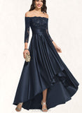 Clarissa A-Line Off-the-Shoulder Asymmetrical Satin Lace Prom Dresses With Sequins Cascading Ruffles UKP0017591