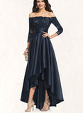 Clarissa A-Line Off-the-Shoulder Asymmetrical Satin Lace Prom Dresses With Sequins Cascading Ruffles UKP0017591