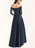 Clarissa A-Line Off-the-Shoulder Asymmetrical Satin Lace Prom Dresses With Sequins Cascading Ruffles UKP0017591