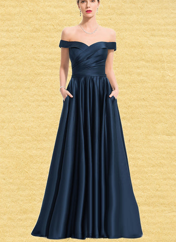 Kiera Ball-Gown/Princess Off-the-Shoulder Sweep Train Satin Prom Dresses With Pleated UKP0017592