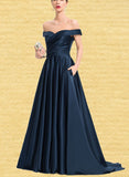 Kiera Ball-Gown/Princess Off-the-Shoulder Sweep Train Satin Prom Dresses With Pleated UKP0017592