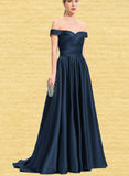 Kiera Ball-Gown/Princess Off-the-Shoulder Sweep Train Satin Prom Dresses With Pleated UKP0017592