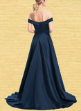 Kiera Ball-Gown/Princess Off-the-Shoulder Sweep Train Satin Prom Dresses With Pleated UKP0017592