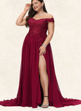 Nylah A-Line Off-the-Shoulder Sweep Train Chiffon Lace Prom Dresses With Sequins UKP0017593