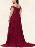 Nylah A-Line Off-the-Shoulder Sweep Train Chiffon Lace Prom Dresses With Sequins UKP0017593