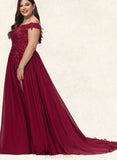 Nylah A-Line Off-the-Shoulder Sweep Train Chiffon Lace Prom Dresses With Sequins UKP0017593