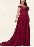 Nylah A-Line Off-the-Shoulder Sweep Train Chiffon Lace Prom Dresses With Sequins UKP0017593