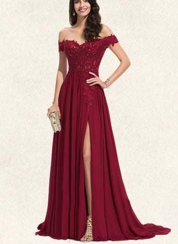 Nylah A-Line Off-the-Shoulder Sweep Train Chiffon Lace Prom Dresses With Sequins UKP0017593