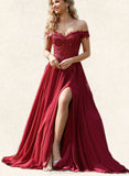 Nylah A-Line Off-the-Shoulder Sweep Train Chiffon Lace Prom Dresses With Sequins UKP0017593