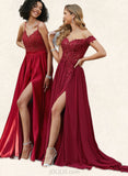 Nylah A-Line Off-the-Shoulder Sweep Train Chiffon Lace Prom Dresses With Sequins UKP0017593