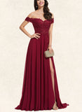 Nylah A-Line Off-the-Shoulder Sweep Train Chiffon Lace Prom Dresses With Sequins UKP0017593