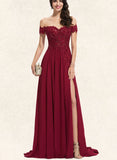 Nylah A-Line Off-the-Shoulder Sweep Train Chiffon Lace Prom Dresses With Sequins UKP0017593