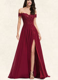 Nylah A-Line Off-the-Shoulder Sweep Train Chiffon Lace Prom Dresses With Sequins UKP0017593