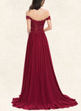 Nylah A-Line Off-the-Shoulder Sweep Train Chiffon Lace Prom Dresses With Sequins UKP0017593