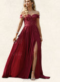 Nylah A-Line Off-the-Shoulder Sweep Train Chiffon Lace Prom Dresses With Sequins UKP0017593