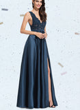 Angelina A-Line V-neck Floor-Length Satin Lace Prom Dresses With Sequins UKP0017594