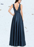 Angelina A-Line V-neck Floor-Length Satin Lace Prom Dresses With Sequins UKP0017594