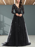 Melody Ball-Gown/Princess V-neck Sweep Train Tulle Lace Prom Dresses With Sequins UKP0017595