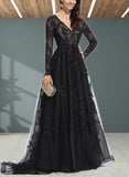 Melody Ball-Gown/Princess V-neck Sweep Train Tulle Lace Prom Dresses With Sequins UKP0017595