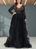 Melody Ball-Gown/Princess V-neck Sweep Train Tulle Lace Prom Dresses With Sequins UKP0017595