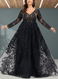 Melody Ball-Gown/Princess V-neck Sweep Train Tulle Lace Prom Dresses With Sequins UKP0017595