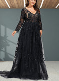 Melody Ball-Gown/Princess V-neck Sweep Train Tulle Lace Prom Dresses With Sequins UKP0017595