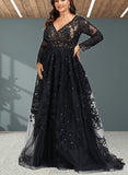 Melody Ball-Gown/Princess V-neck Sweep Train Tulle Lace Prom Dresses With Sequins UKP0017595