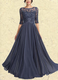 Mikaela A-Line Scoop Illusion Floor-Length Chiffon Lace Prom Dresses With Sequins Pleated UKP0017596