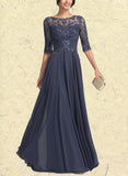 Mikaela A-Line Scoop Illusion Floor-Length Chiffon Lace Prom Dresses With Sequins Pleated UKP0017596