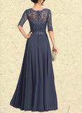 Mikaela A-Line Scoop Illusion Floor-Length Chiffon Lace Prom Dresses With Sequins Pleated UKP0017596