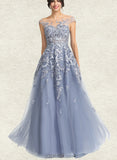 Emilia A-Line Off-the-Shoulder Illusion Floor-Length Tulle Lace Prom Dresses UKP0017597