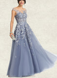 Emilia A-Line Off-the-Shoulder Illusion Floor-Length Tulle Lace Prom Dresses UKP0017597