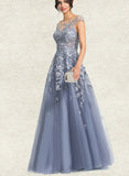 Emilia A-Line Off-the-Shoulder Illusion Floor-Length Tulle Lace Prom Dresses UKP0017597