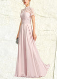 Nadia A-Line High Neck Illusion Floor-Length Chiffon Lace Prom Dresses UKP0017598