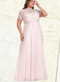 Nadia A-Line High Neck Illusion Floor-Length Chiffon Lace Prom Dresses UKP0017598