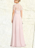 Nadia A-Line High Neck Illusion Floor-Length Chiffon Lace Prom Dresses UKP0017598