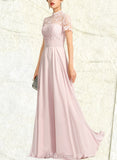 Nadia A-Line High Neck Illusion Floor-Length Chiffon Lace Prom Dresses UKP0017598