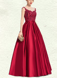 Olivia Ball-Gown/Princess Scoop Illusion Floor-Length Satin Lace Prom Dresses With Sequins UKP0017600