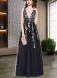 Luciana A-Line V-neck Floor-Length Tulle Sequined Prom Dresses With Beading UKP0017601