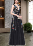 Luciana A-Line V-neck Floor-Length Tulle Sequined Prom Dresses With Beading UKP0017601