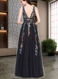 Luciana A-Line V-neck Floor-Length Tulle Sequined Prom Dresses With Beading UKP0017601