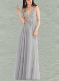 Myla A-Line V-neck Floor-Length Chiffon Lace Prom Dresses With Rhinestone UKP0017602