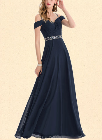 Ann A-Line V-neck Cold Shoulder Floor-Length Chiffon Prom Dresses With Beading Sequins Pleated UKP0017603