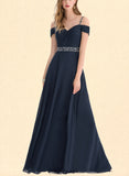 Ann A-Line V-neck Cold Shoulder Floor-Length Chiffon Prom Dresses With Beading Sequins Pleated UKP0017603