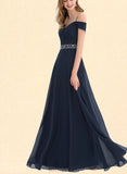 Ann A-Line V-neck Cold Shoulder Floor-Length Chiffon Prom Dresses With Beading Sequins Pleated UKP0017603