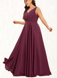 Serenity A-Line V-neck Floor-Length Chiffon Prom Dresses With Pleated UKP0017604