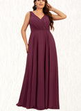 Serenity A-Line V-neck Floor-Length Chiffon Prom Dresses With Pleated UKP0017604