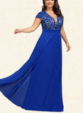 Jaiden A-Line V-neck Floor-Length Chiffon Lace Prom Dresses UKP0017605